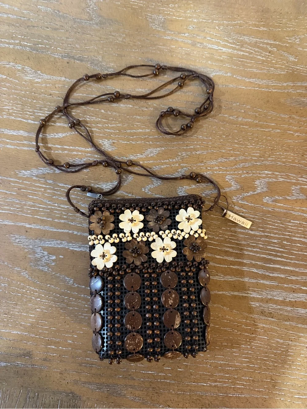 Handmade Brown & Cream Floral Bead Crossbody Bag
